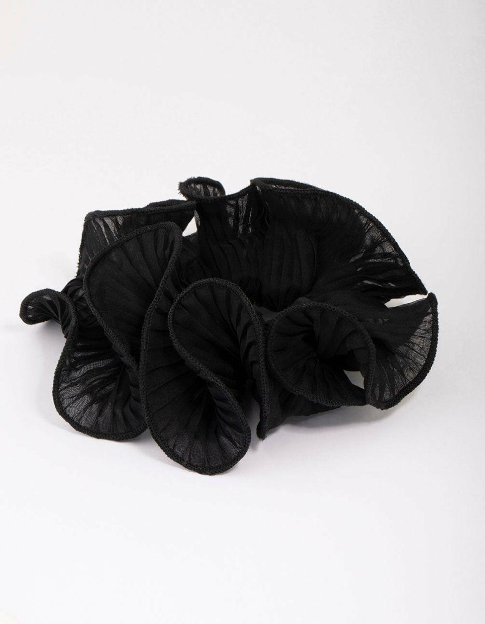 Black Fabric Pleated Floral Hair Scrunchie Accessories