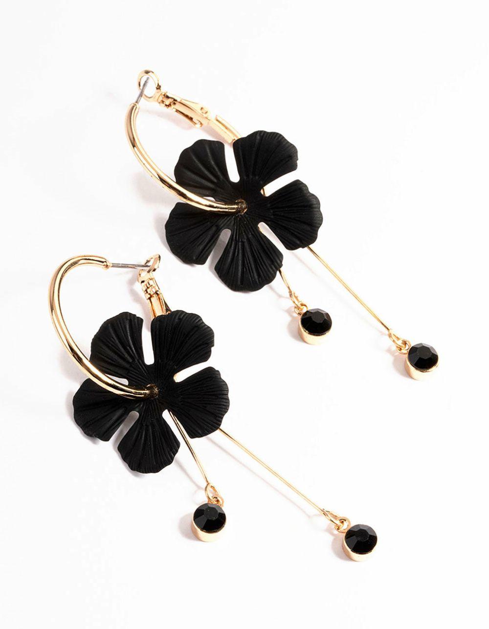 Black Flower Diamante Hoop Earrings Drops & Dangles