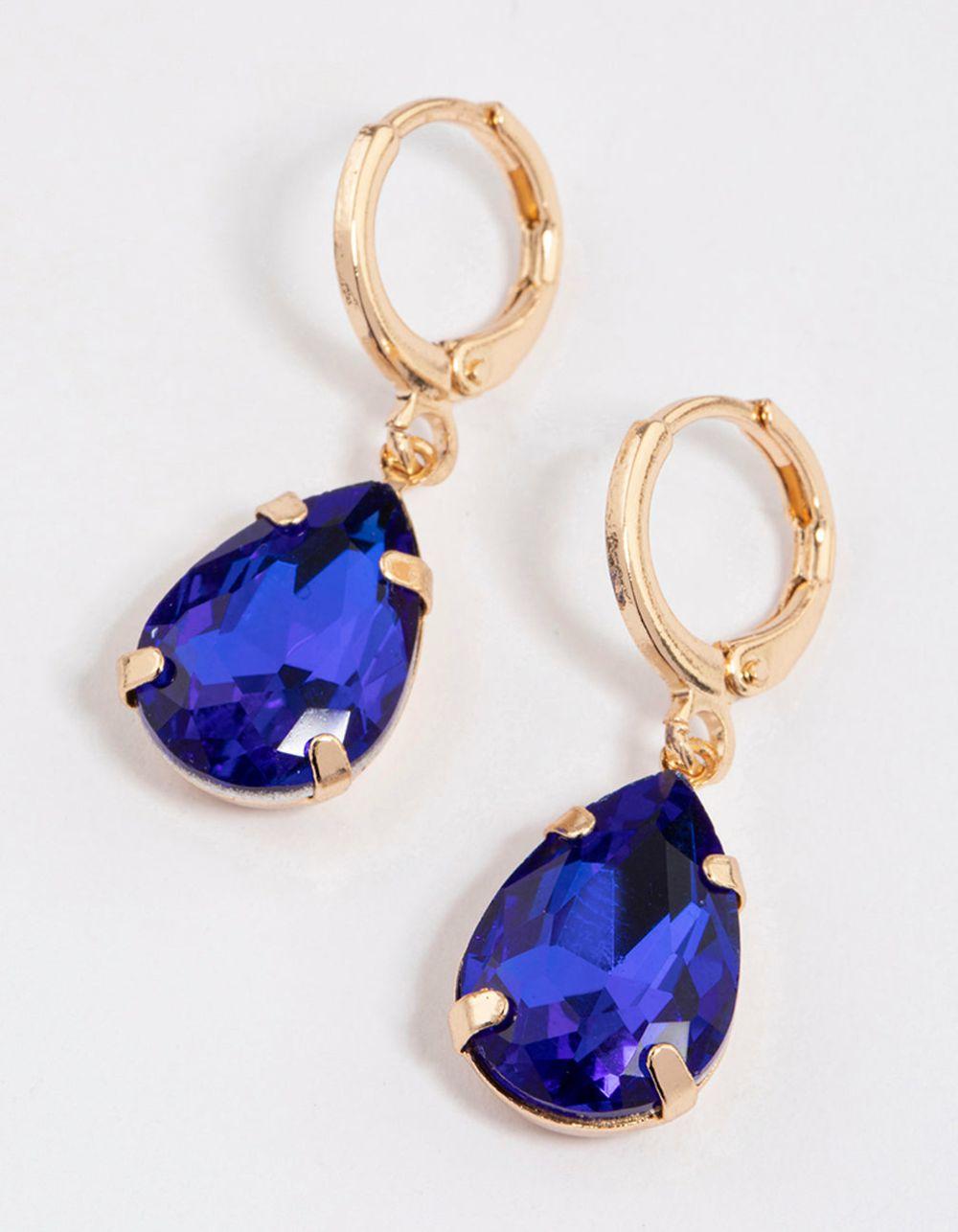 Blue Diamante Pear Huggie Drop Earrings Drops & Dangles