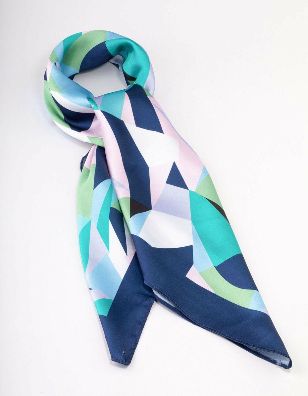 Blue Fabric Geometric Printed Scarf Accessories