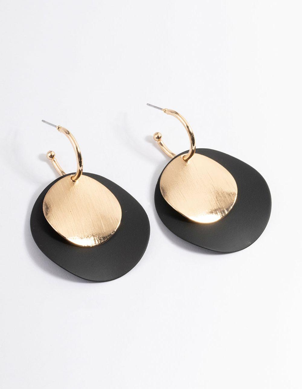 Gold & Black Large Double Disc Huggie Earrings Drops & Dangles