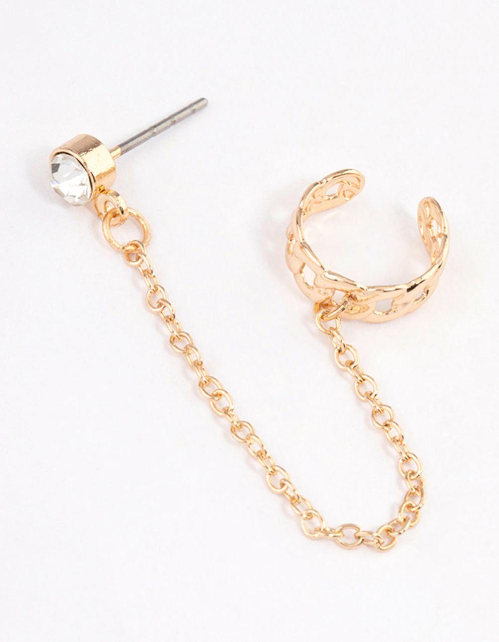 Gold Chainlink Cuff & Diamante Chain Earrings Ear Cuffs & Climbers