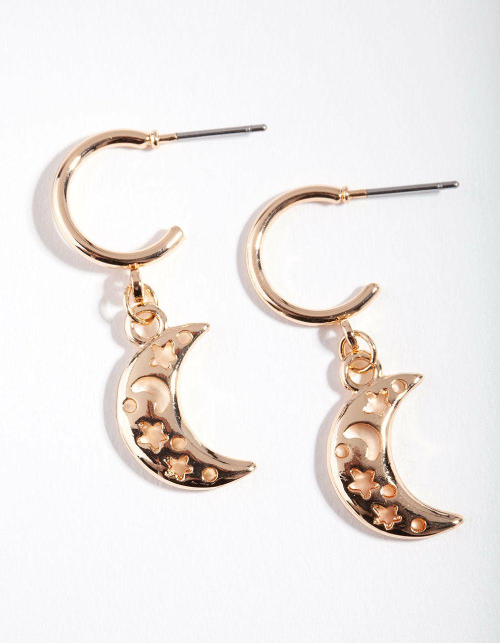 Gold Cut Out Moon Hoop Earrings Drops & Dangles