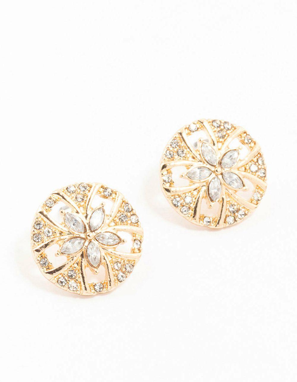 Gold Diamante Disc Flower Stud Earrings Earrings