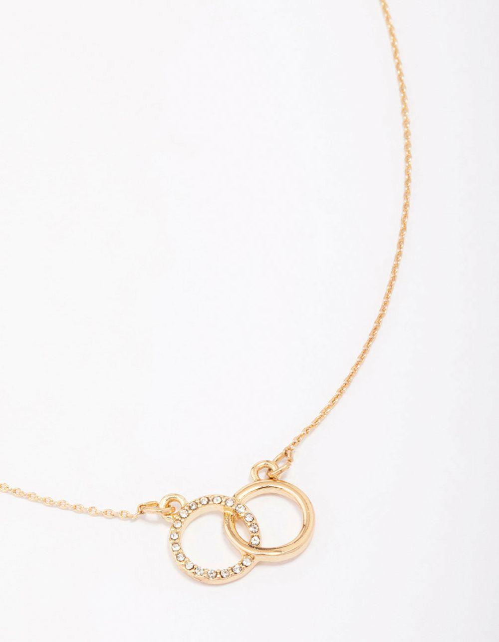 Gold Diamante Double Circle Link Pendant Necklace Jewellery