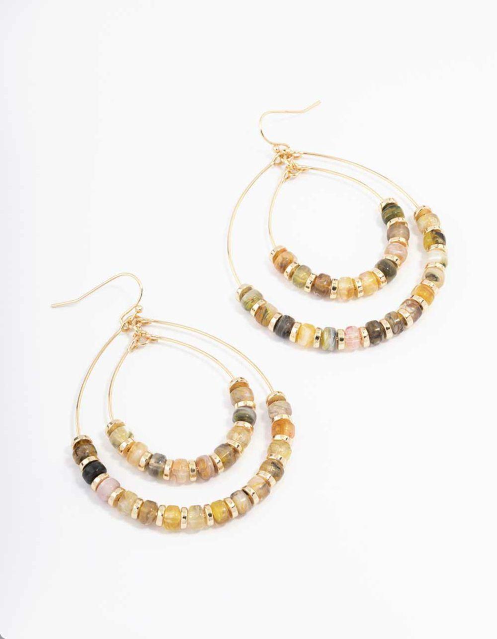 Gold Double Beaded Hoop Earrings Drops & Dangles