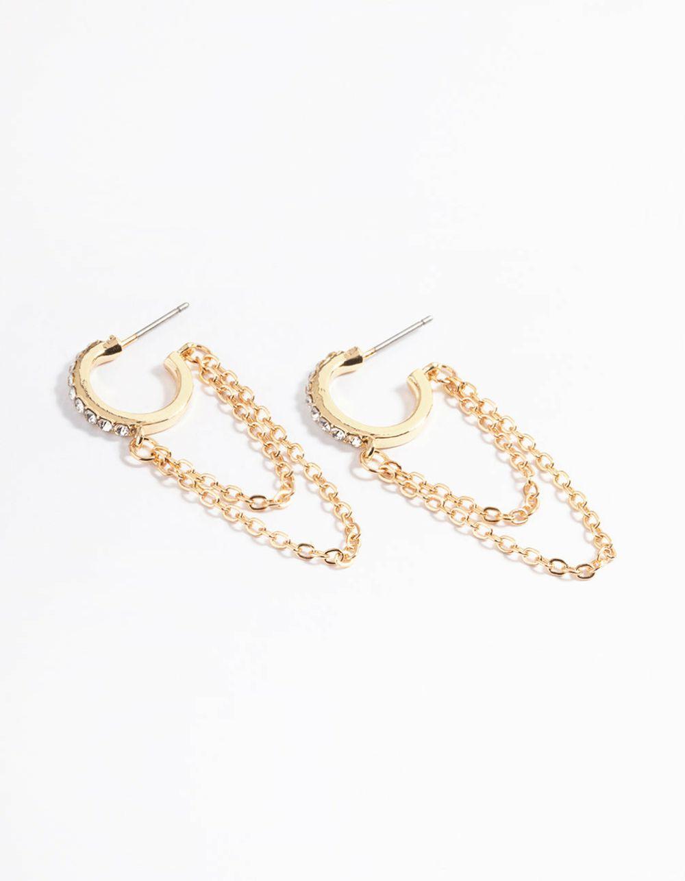 Gold Double Chain Diamante Huggie Earrings Drops & Dangles