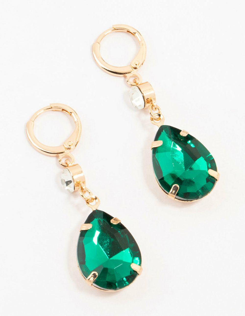 Gold Green Pear Diamante Drop Clicker Earrings Body Jewellery