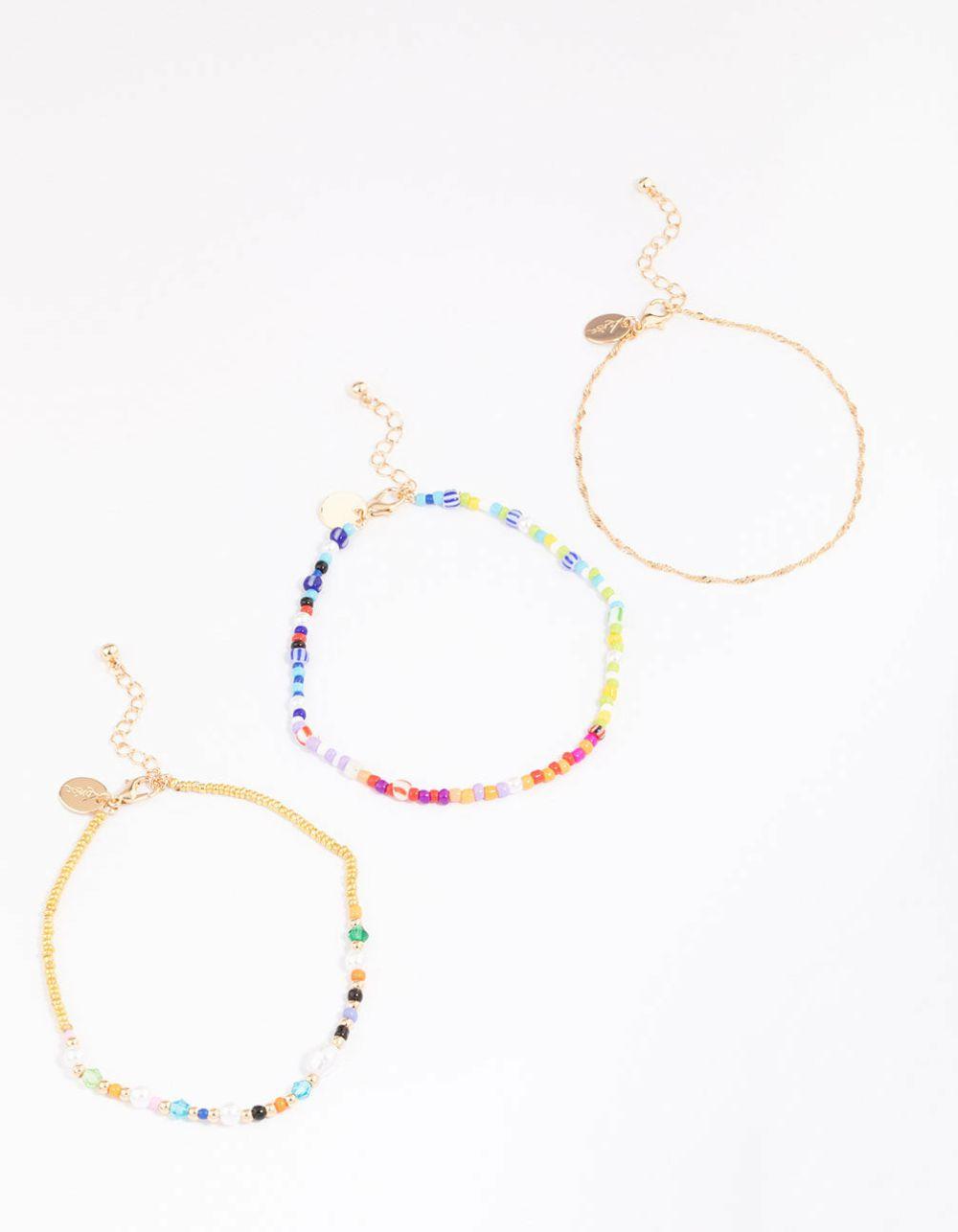 Gold Mixed Beaded & Pearl Anklet 3-Pack Anklets