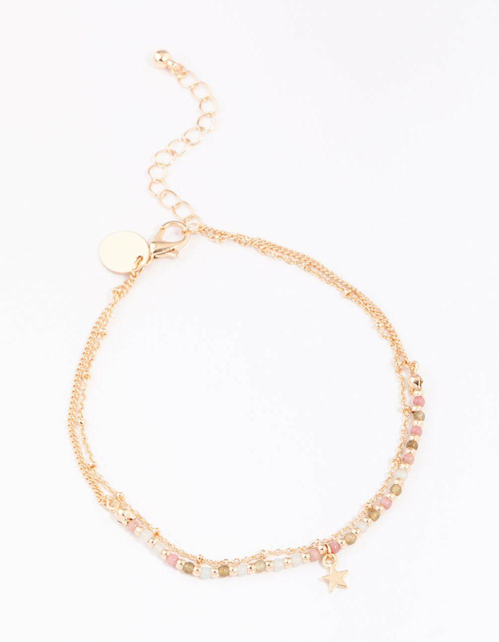 Gold Mixed Semi-Precious Layered Anklet Anklets