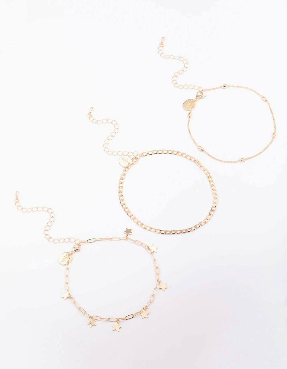 Gold Mixed Star Chain Anklet 3-Pack Anklets