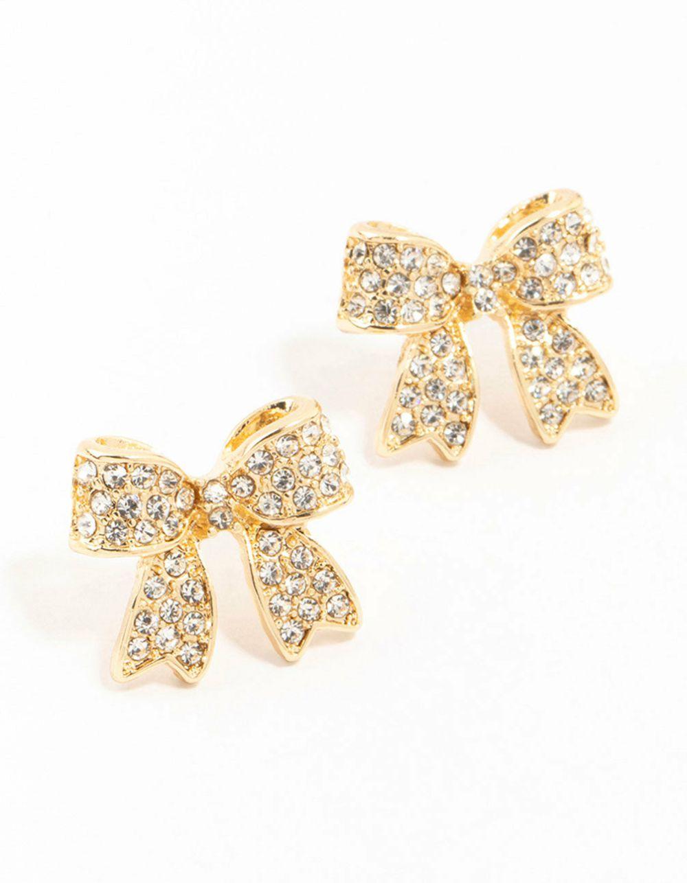 Gold Pave Diamante Bow Stud Earrings Earrings