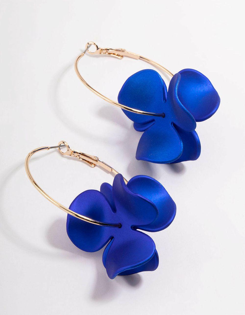 Gold Pealised Blue Flower Hoop Earrings Drops & Dangles