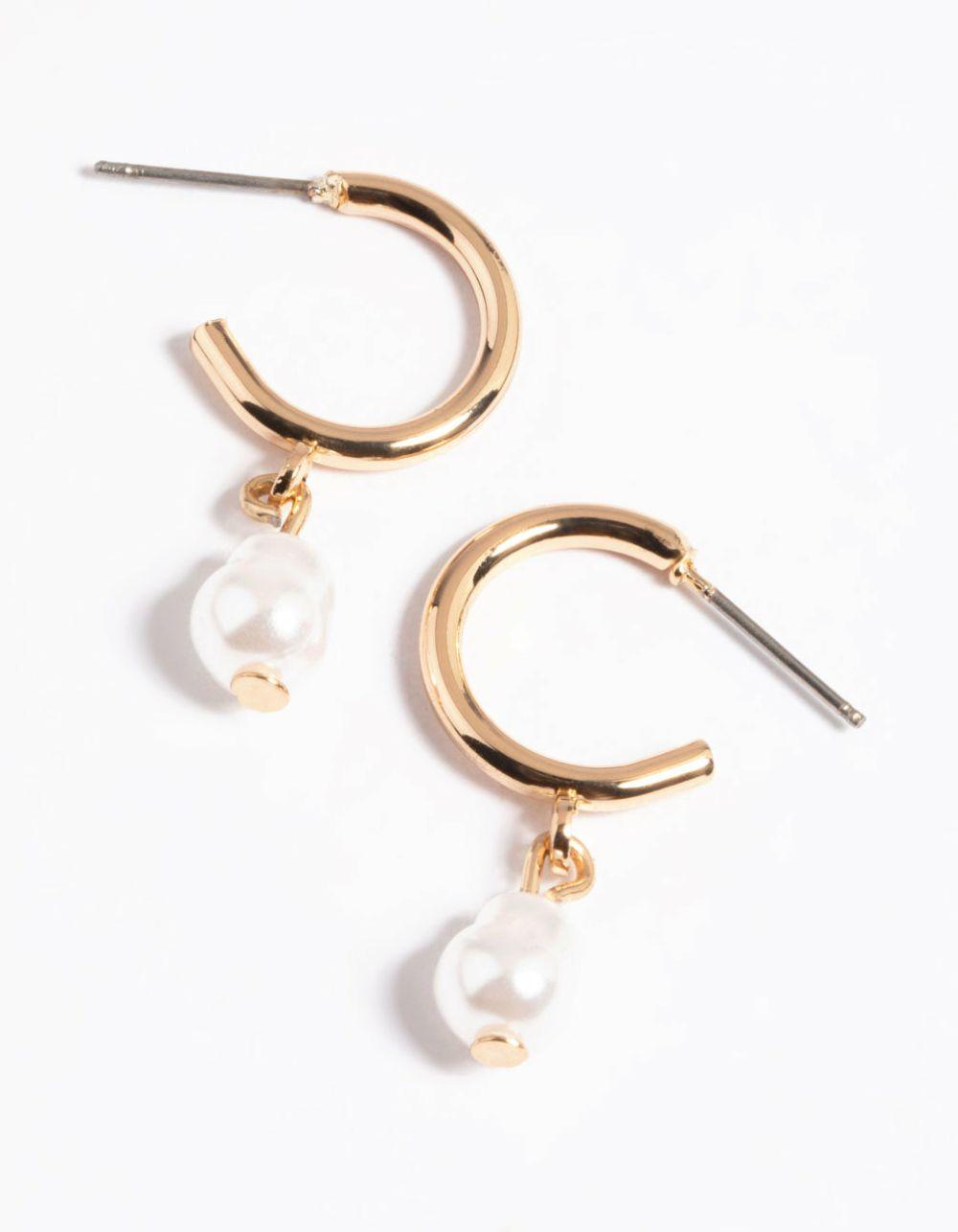 Gold Pearl Drop Huggie Earrings Earrings