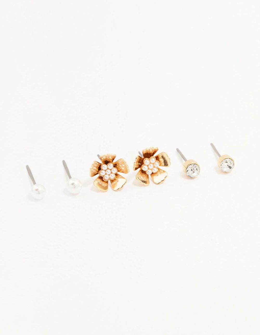 Gold Pearl Flower Stud Earrings 3-Pack Earrings