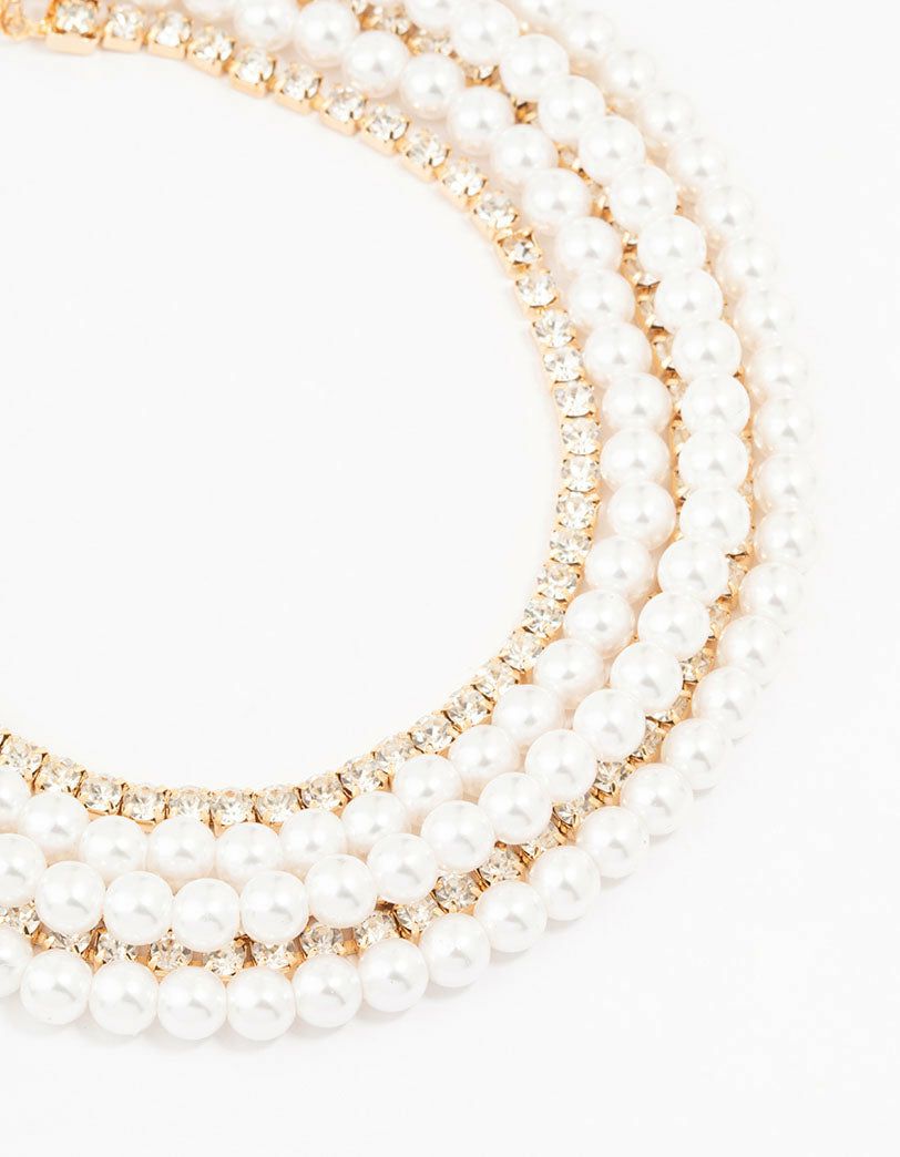 Gold Pearl Multi Choker Necklace Chokers