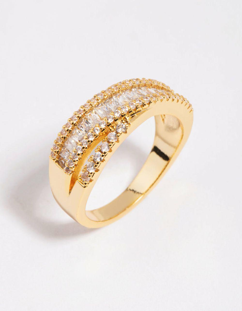 Gold Plated Cubic Zirconia Baguette Ring Cocktail Rings