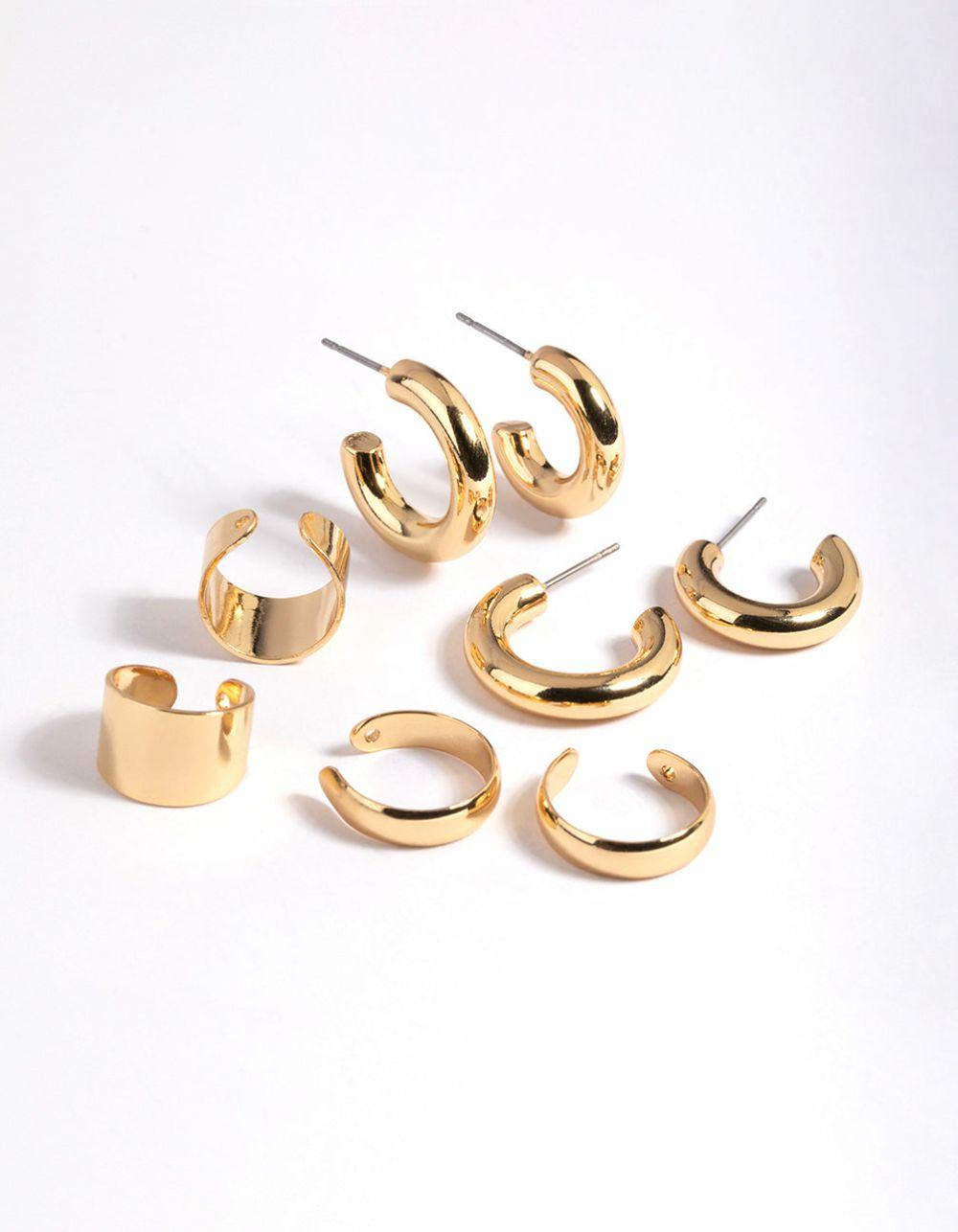 Gold Plated Cuff & Huggie Statement Earring Stack 4-Pack Ear Cuffs & Climbers