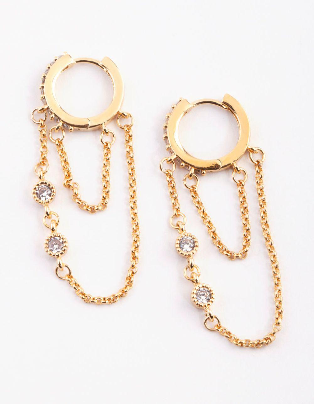 Gold Plated Huggie Hoop Earrings with Diamante Drops & Dangles