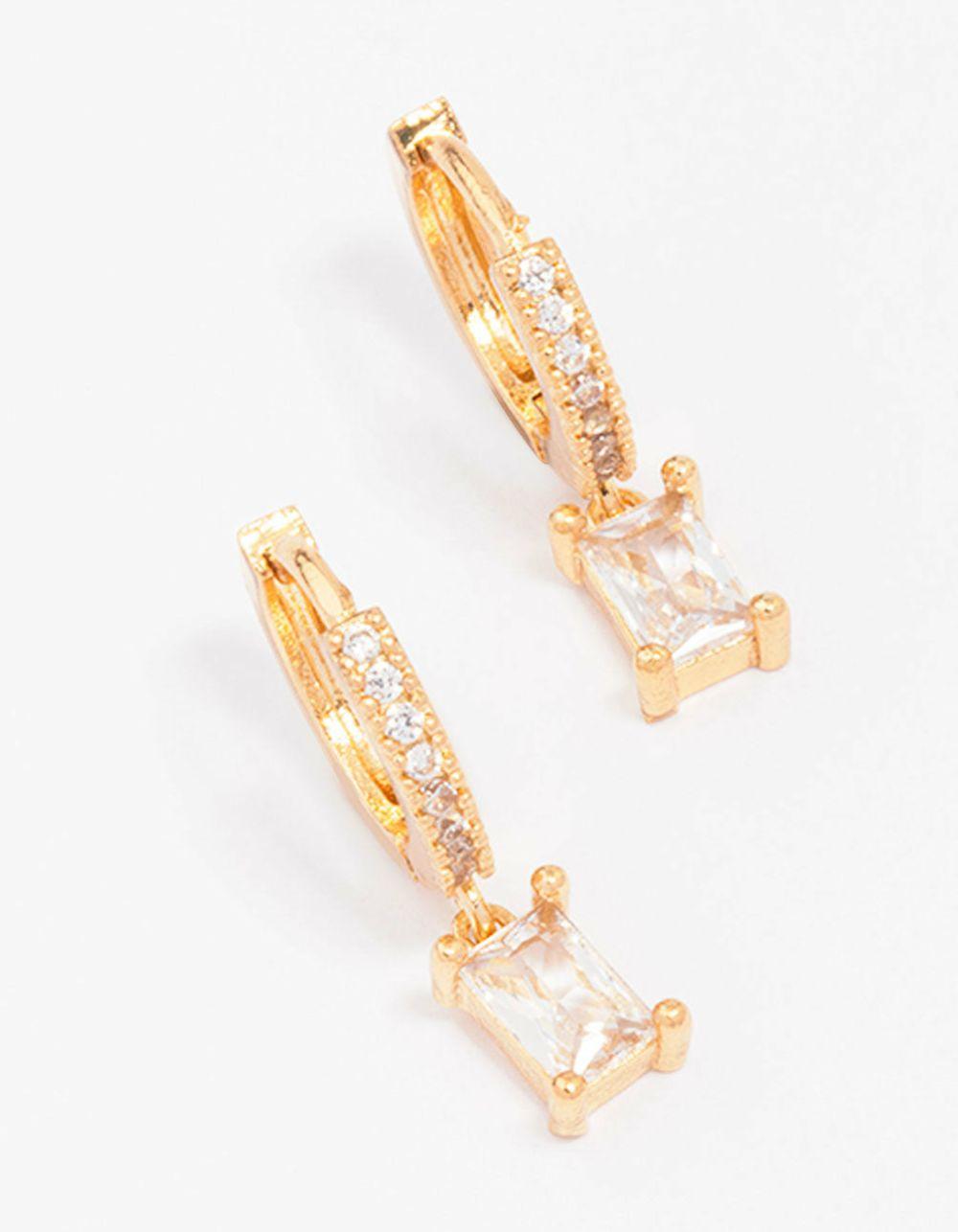 Gold Plated Pave Baguette Huggie Hoop Earrings Drops & Dangles