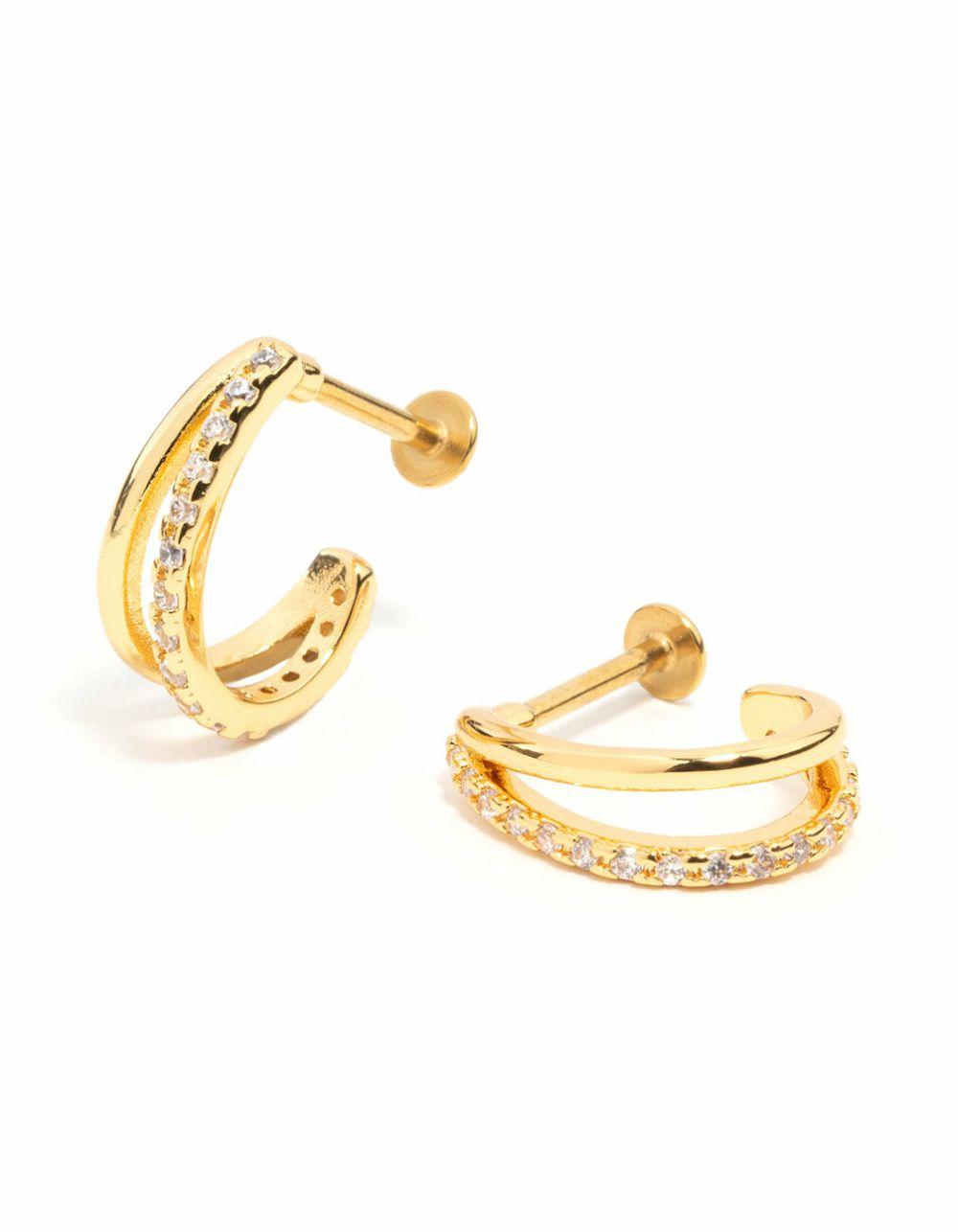 Gold Plated Surgical Steel Double Cubic Zirconia Hoop Flat Back 2-Pack Body Jewellery