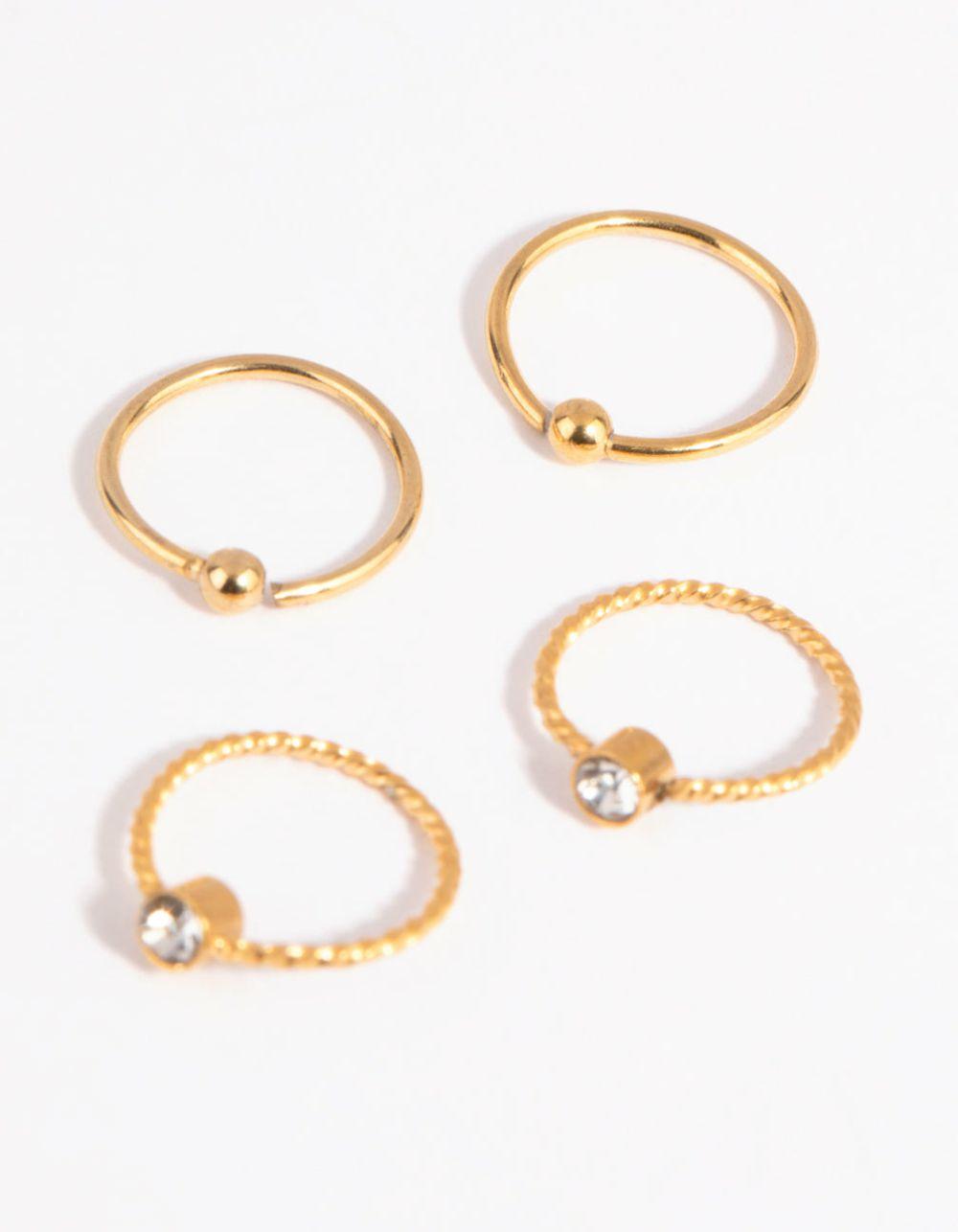 Gold Plated Surgical Steel Textured Diamante Nose Ring 4-Pack Body Jewellery