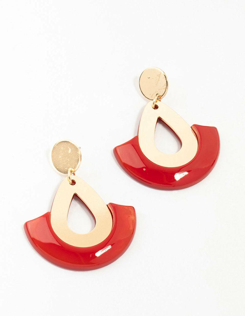 Gold & Red Acrylic Disc & Lantern Drop Earrings Drops & Dangles Red