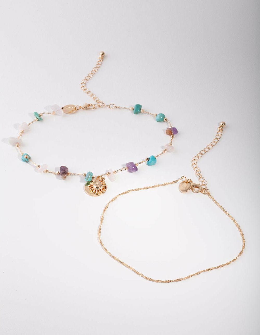 Gold Semi Precious Stone & Sun Charm Choker Pack Chokers