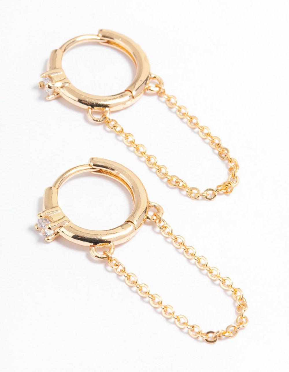 Gold Simple Diamante & Chain Huggie Earrings Drops & Dangles