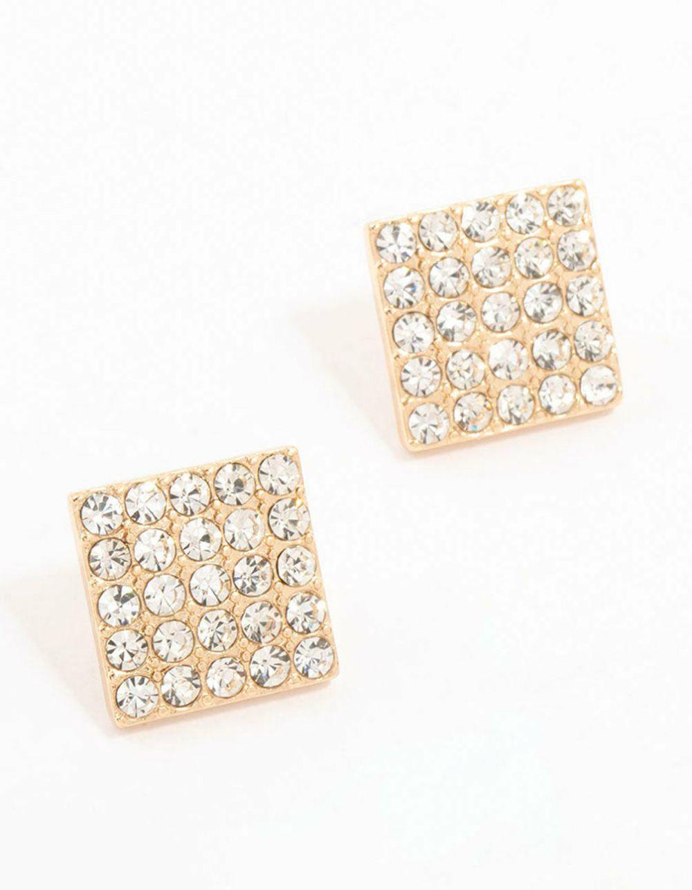 Gold Square Pave Diamante Stud Earrings Earrings