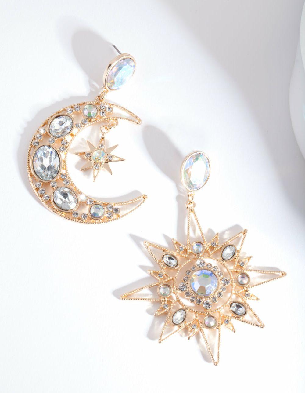 Gold Statement Star Moon Earrings Drops & Dangles