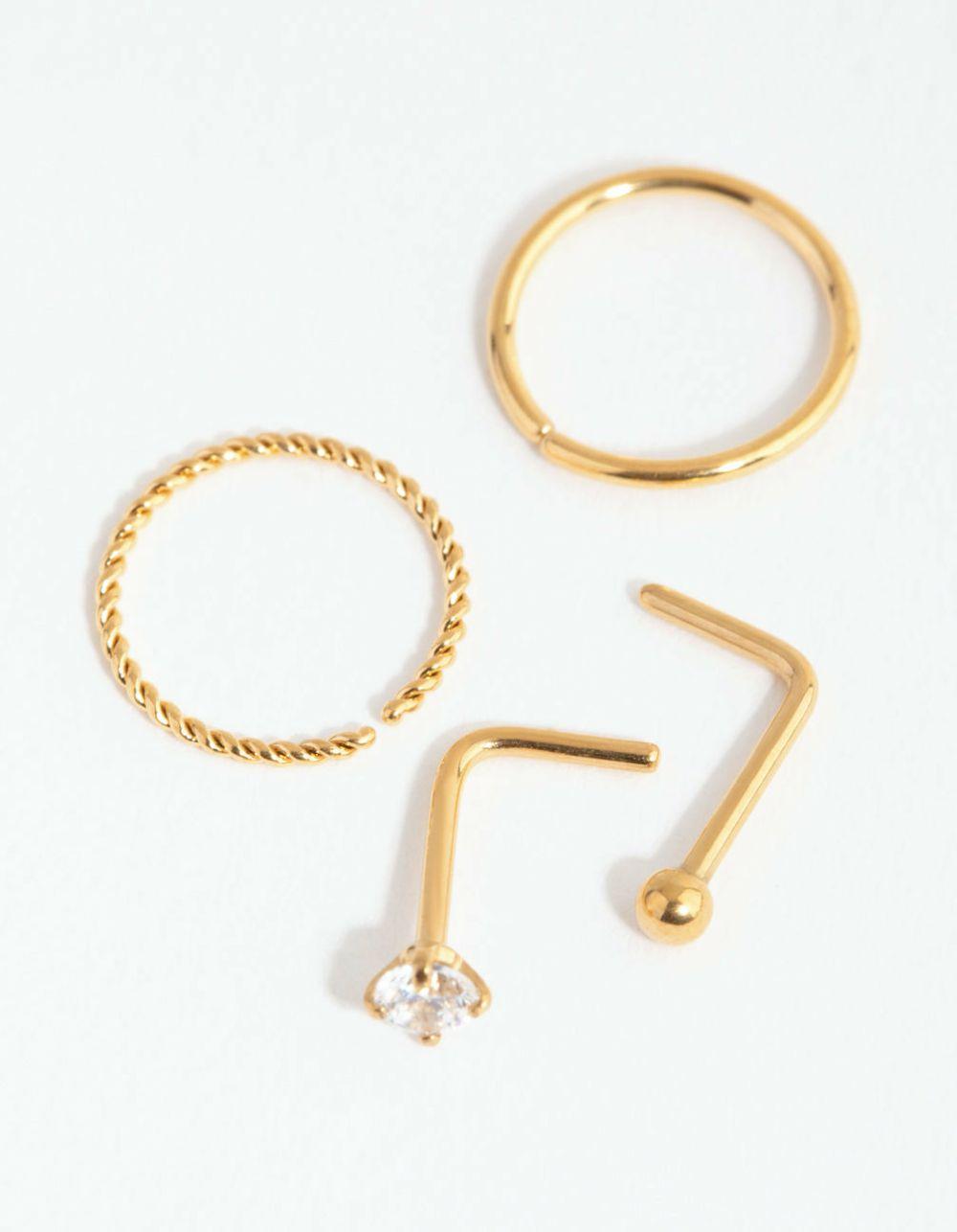 Gold Surgical Steel Diamante Twist Nose Ring 4-Pack Body Jewellery