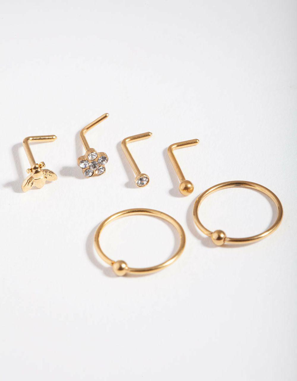 Gold Surgical Steel Flower & Bee Nose Stud 6-Pack Body Jewellery