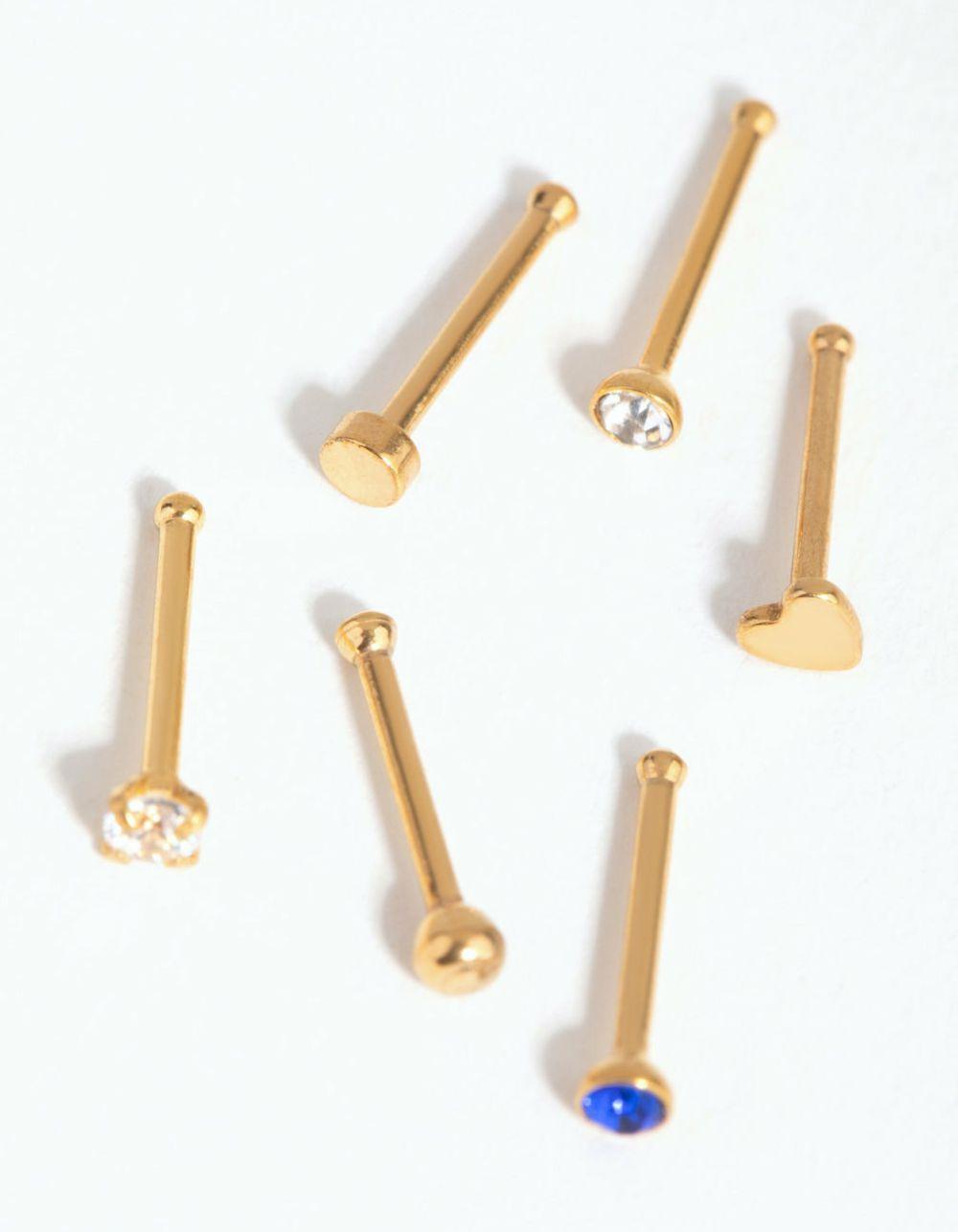 Gold Surgical Steel Heart Diamante Nose Stud 6-Pack Body Jewellery