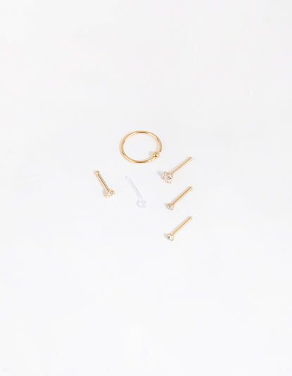 Gold Surgical Steel Mix Stud Ring Nose 6-Pack Body Jewellery