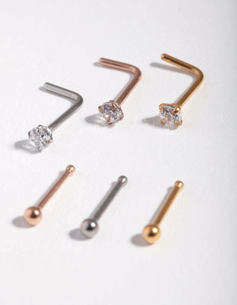 Mixed Metal Cubic Zirconia Nose Stud 6-Pack Body Jewellery