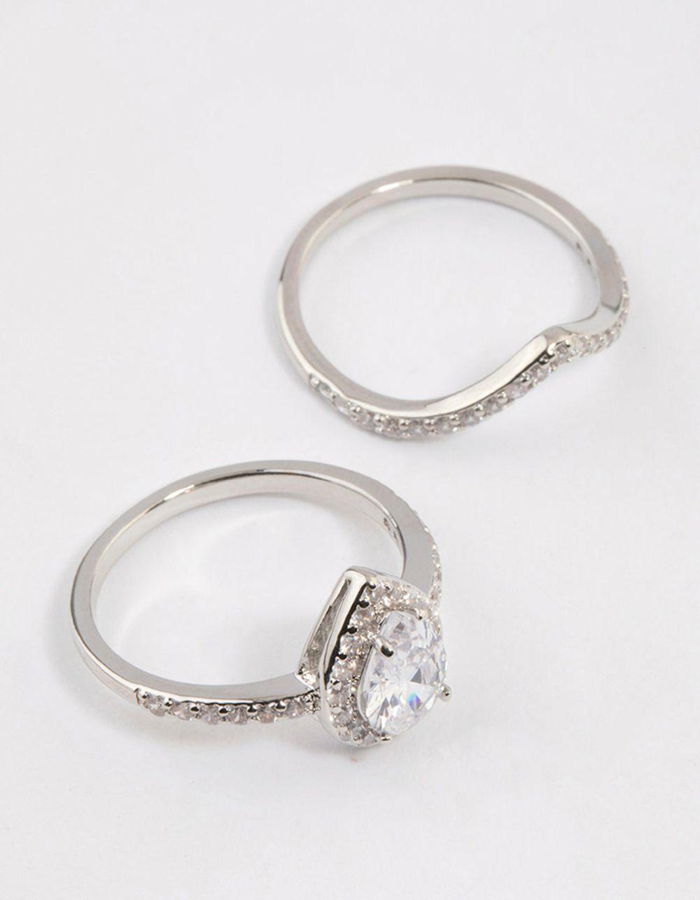 Rhodium Crowned Pear Crystal Ring Engagement Rings