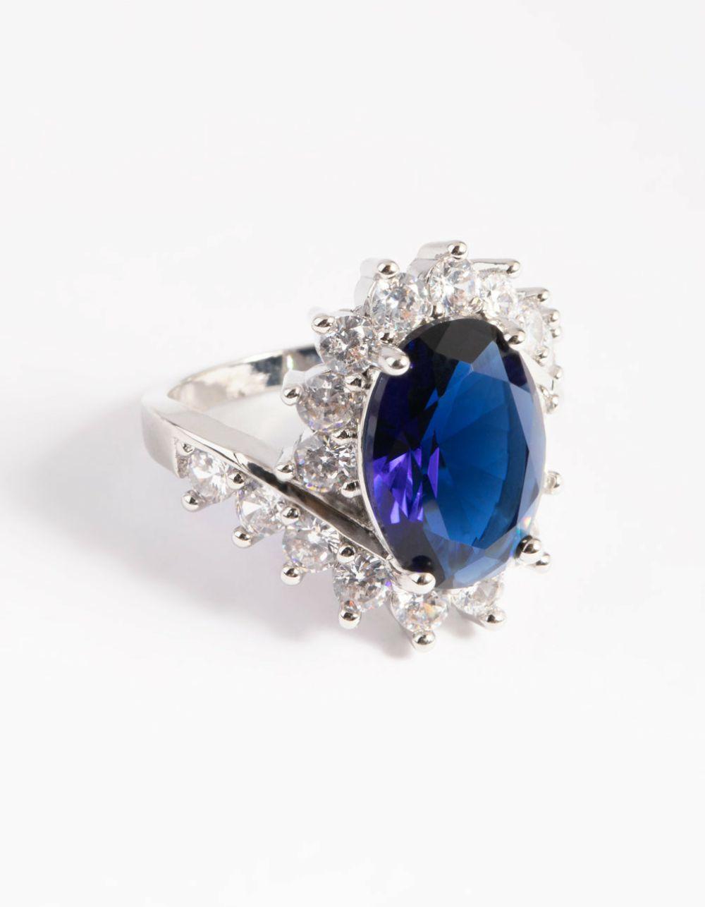 Rhodium Cubic Zirconia Vintage Sapphire Oval Ring Cocktail Rings