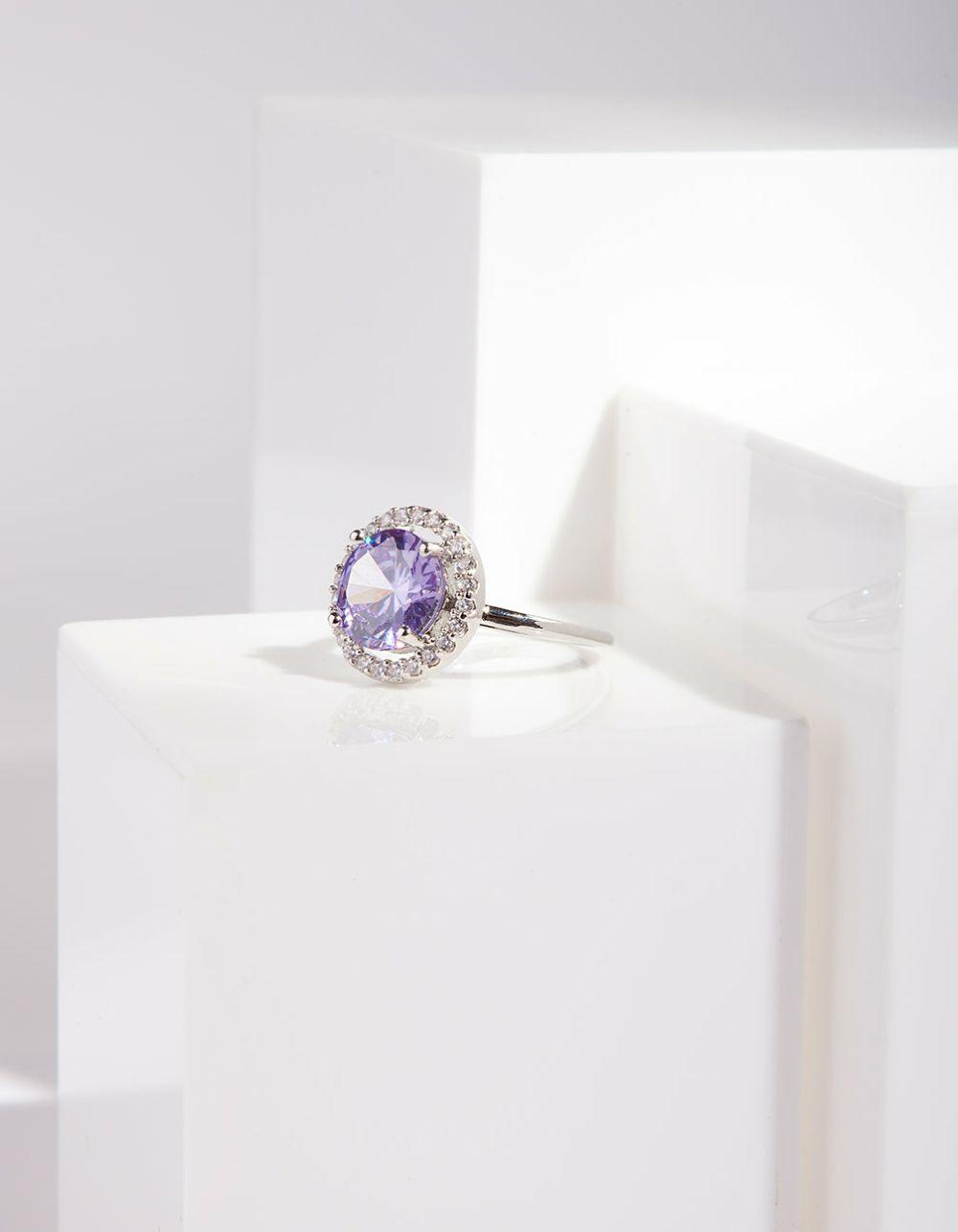 Rhodium Purple Cubic Zirconia Diamante Ring Engagement Rings