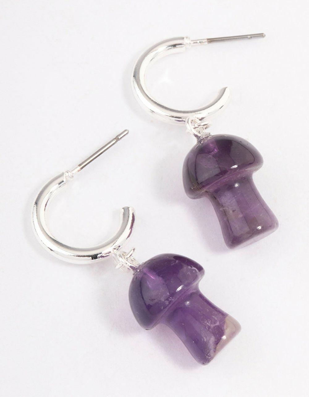 Silver Amethyst Moon & Mushroom Huggie Hoop Earrings Drops & Dangles