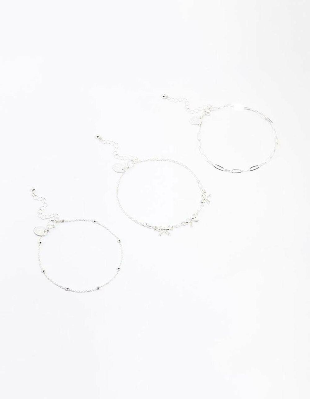 Silver Bow Chain Mixed Anklet 3-Pack Anklets