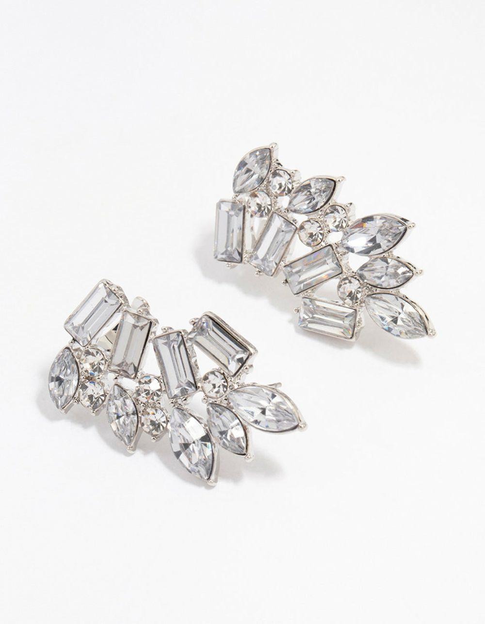 Silver Diamante Wing Cuff Stud Earrings Ear Cuffs & Climbers