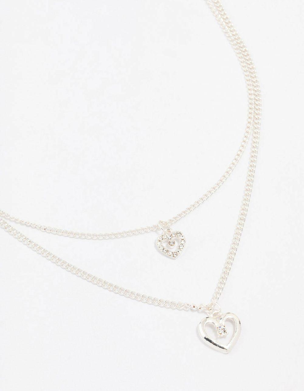 Silver Double Chain Heart Diamante Necklace Chains