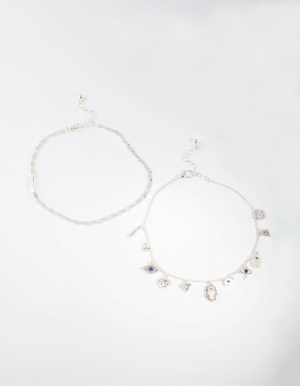 Silver Evil Eye Charm Anklet Set Anklets