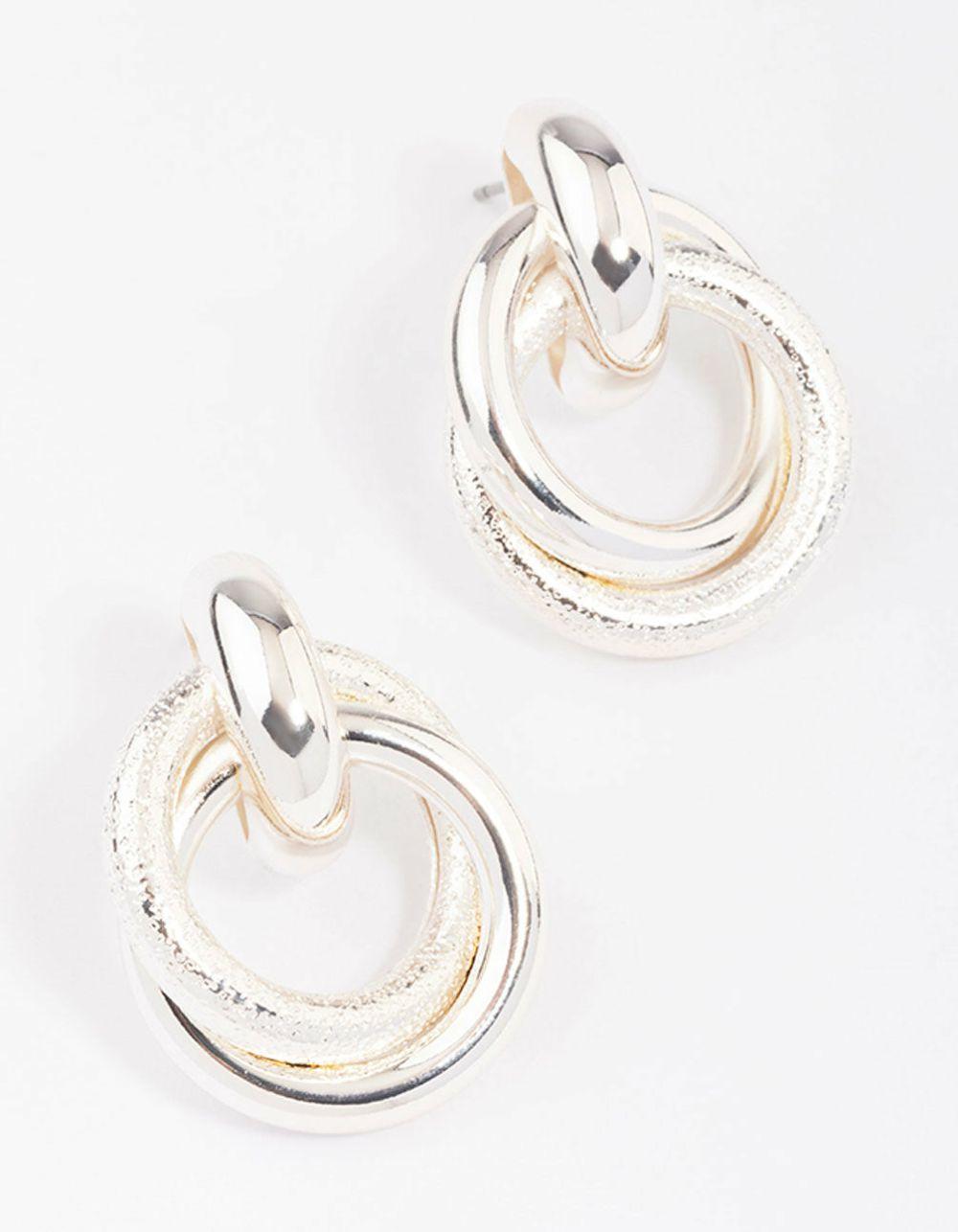 Silver Layered Textured Knotted Hoop Earrings Earrings