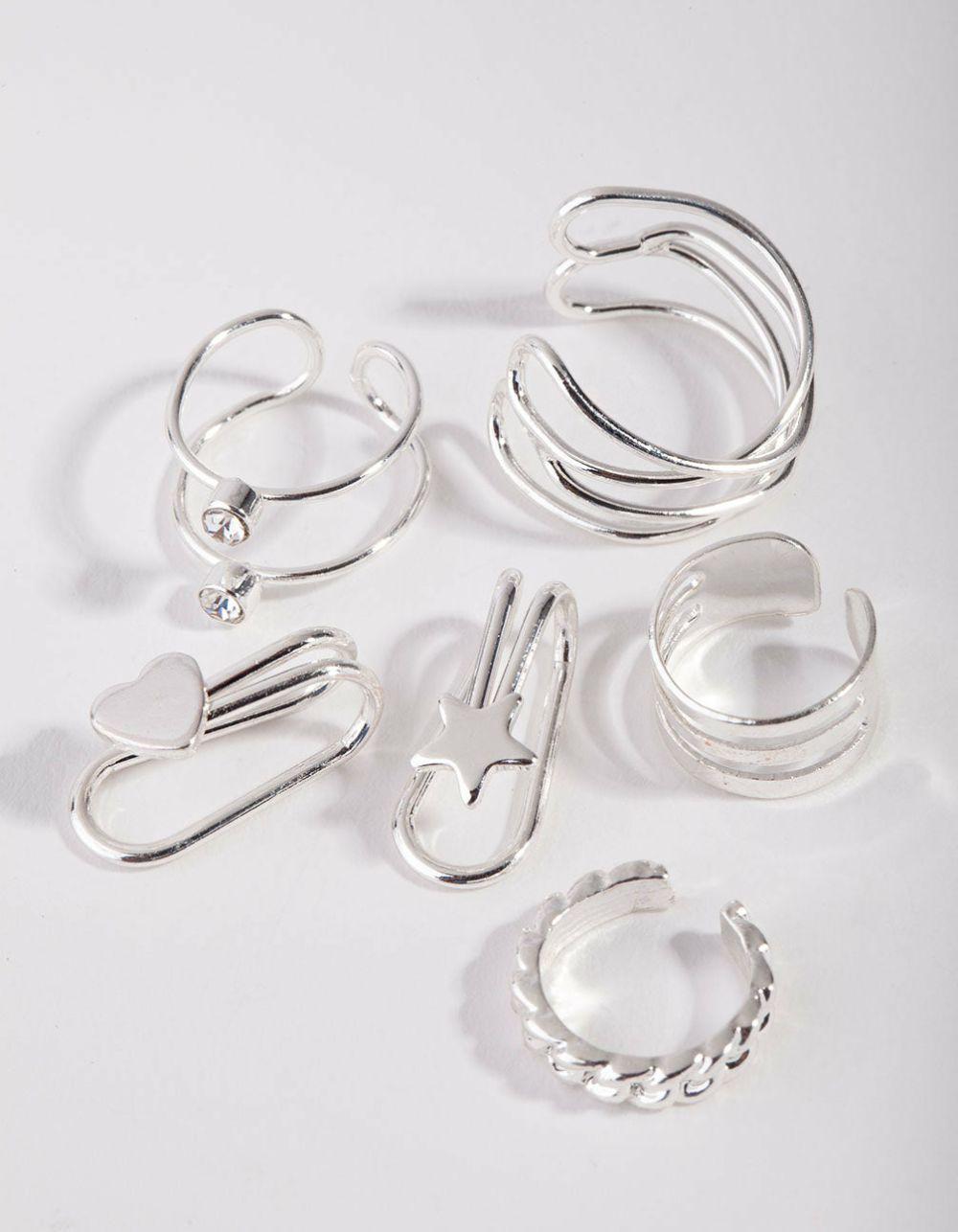 Silver Mix Texture Motif 6-Pack Earring Ear Cuffs & Climbers