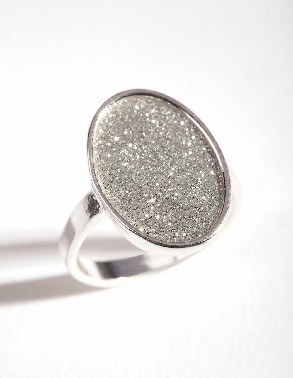 Silver Oval Glitter Ring Cocktail Rings