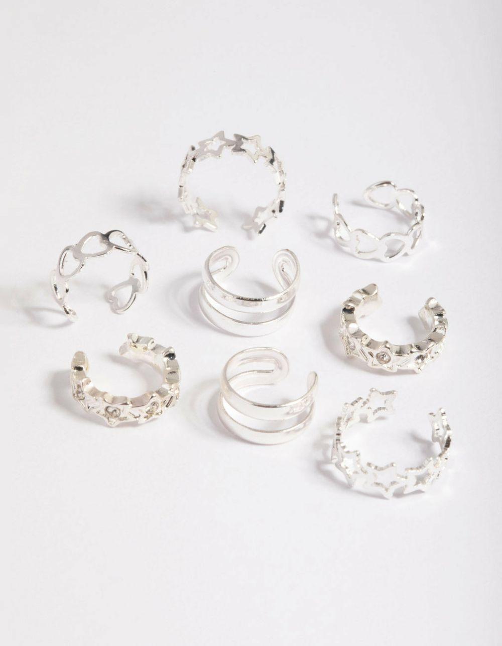 Silver Starry Heart Cuff Earring 8-Pack Cartilage & Helix