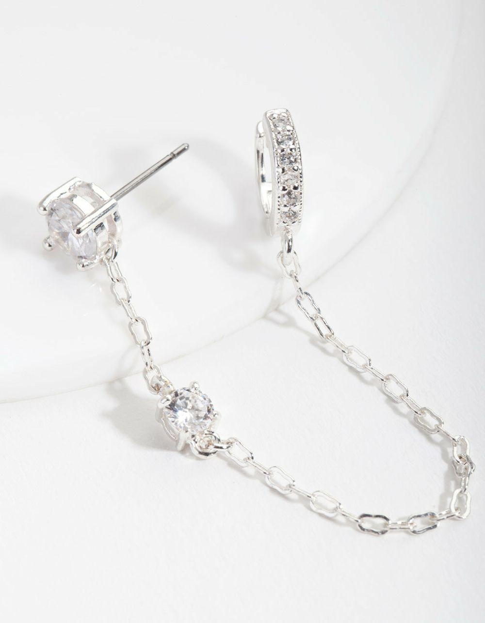 Silver Stud & Chain Diamante Huggie Earrings Earrings