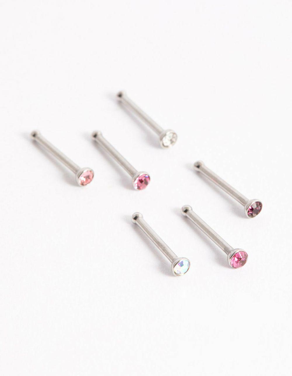 Surgical Steel Multi Cubic Zirconia Clear Nose Stud 6-Pack Body Jewellery